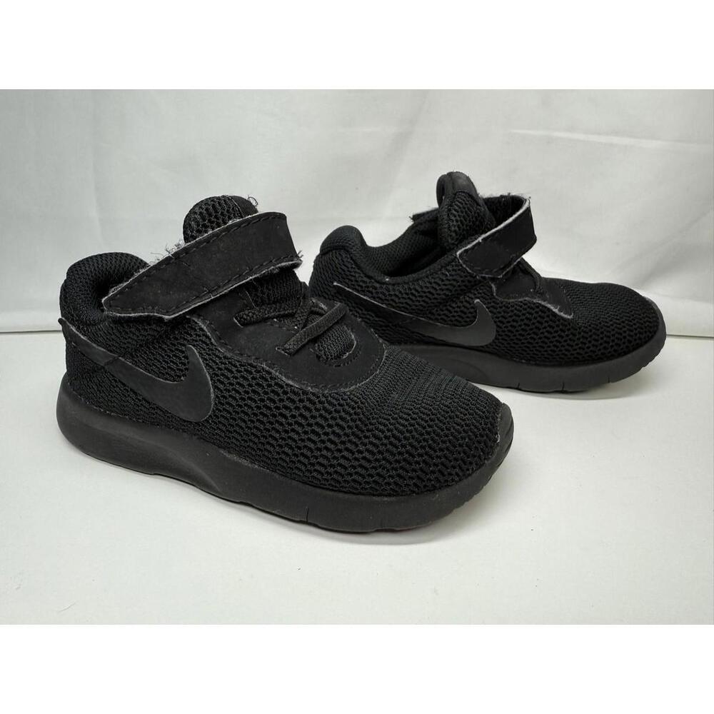 Nike Tanjun Shoes Kids Size‎ 7C Black Mesh Hook & Loop Athletic Sneakers